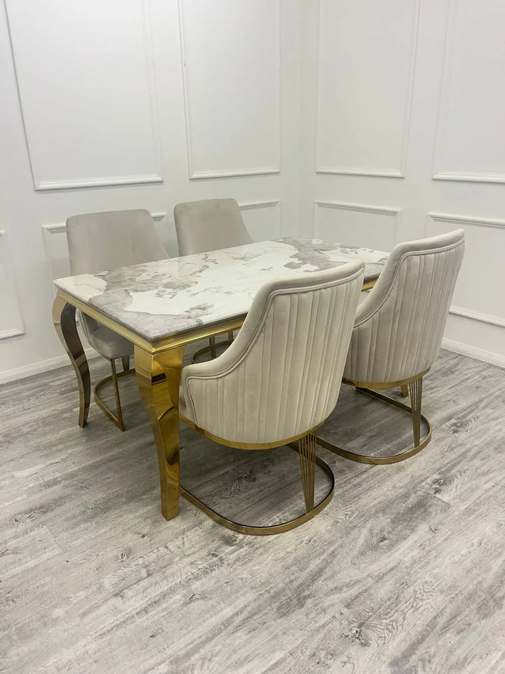 Louis Marble & Gold Dining Table With Carlton Cream/Gold Velvet Chairs