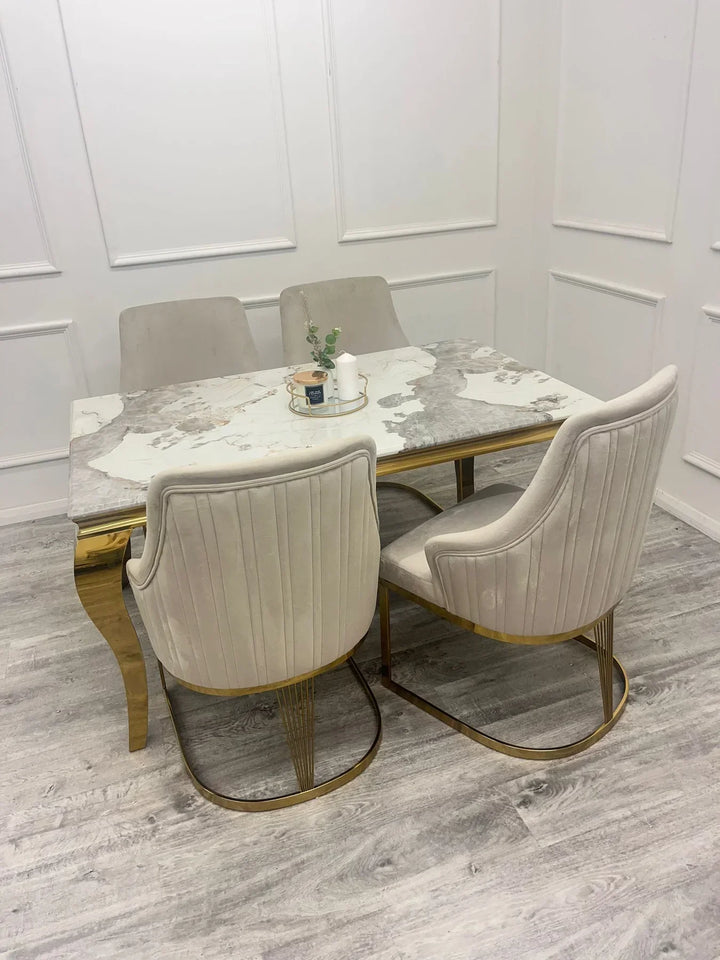 Louis Marble & Gold Dining Table With Carlton Cream/Gold Velvet Chairs