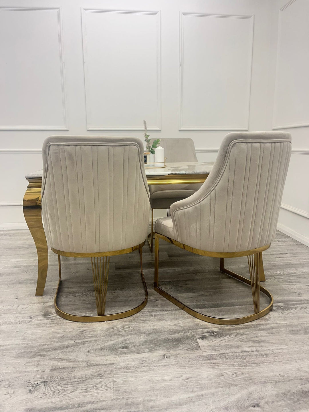Louis Gold Marble Dining Table With Carlton Cream/Gold Velvet Dining Chairs