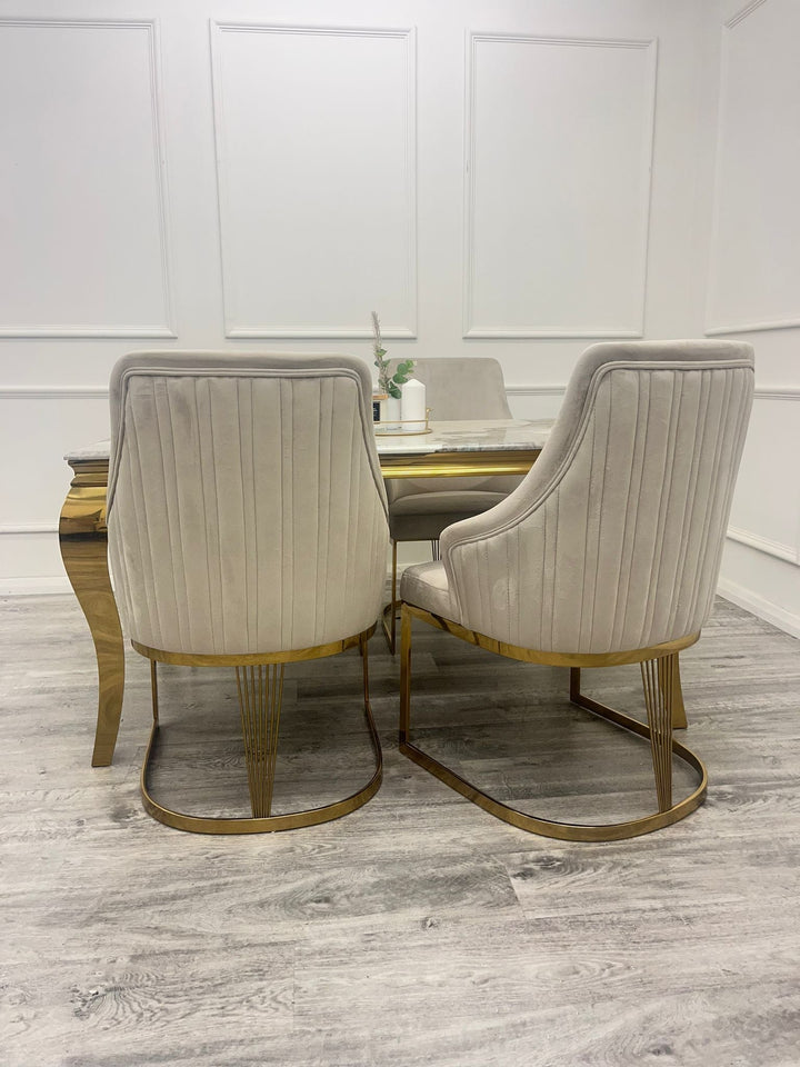Louis Gold Marble Dining Table With Carlton Cream/Gold Velvet Dining Chairs
