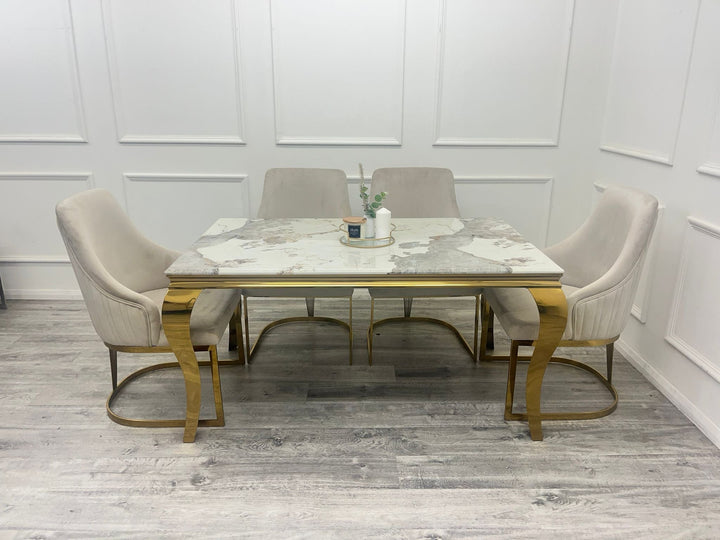 Louis Gold Marble Dining Table With Carlton Cream/Gold Velvet Dining Chairs