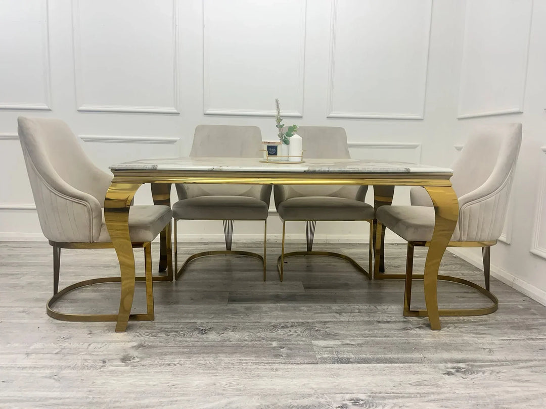 Louis Marble & Gold Dining Table With Carlton Cream/Gold Velvet Chairs