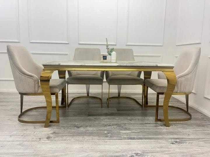 Louis Marble & Gold Dining Table With Carlton Cream/Gold Velvet Chairs