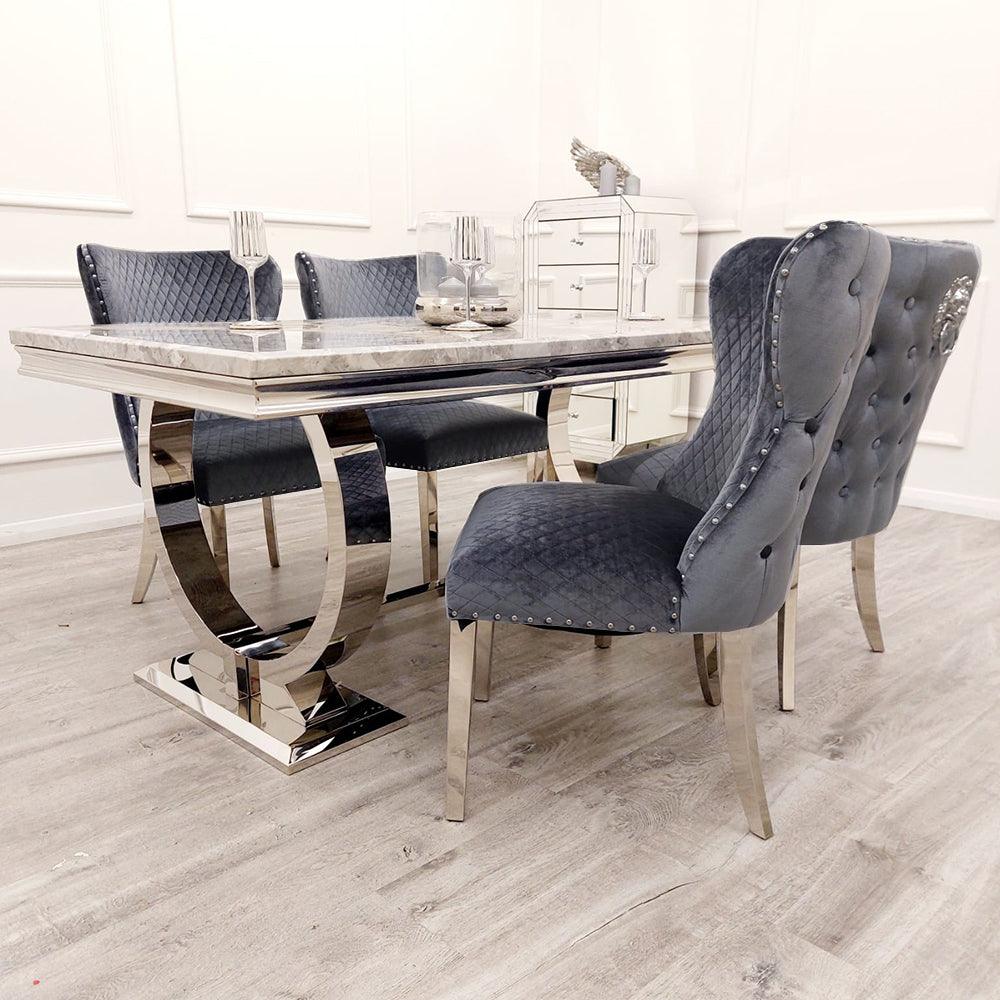 Arianna Marble & Chrome Dining Table With Valentino Lion Knocker Velvet Chairs