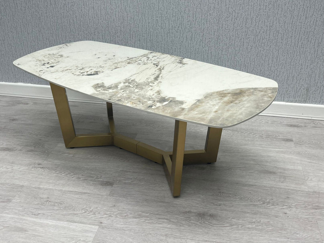 Lucien 180cm Gold Oval Dining Table with Pandora Gold Ceramic Marble Top + Cream/Gold  Ring Knocker Velvet Chairs