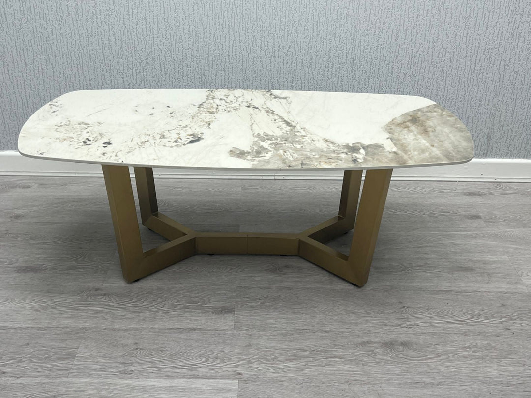 Lucien 150cm Gold Oval Dining Table with Pandora Gold Ceramic Marble Top + Cream/Gold  Ring Knocker Velvet Chairs