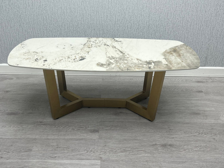 Lucien 150cm Gold Oval Dining Table with Pandora Gold Ceramic Marble Top + Cream/Gold  Ring Knocker Velvet Chairs