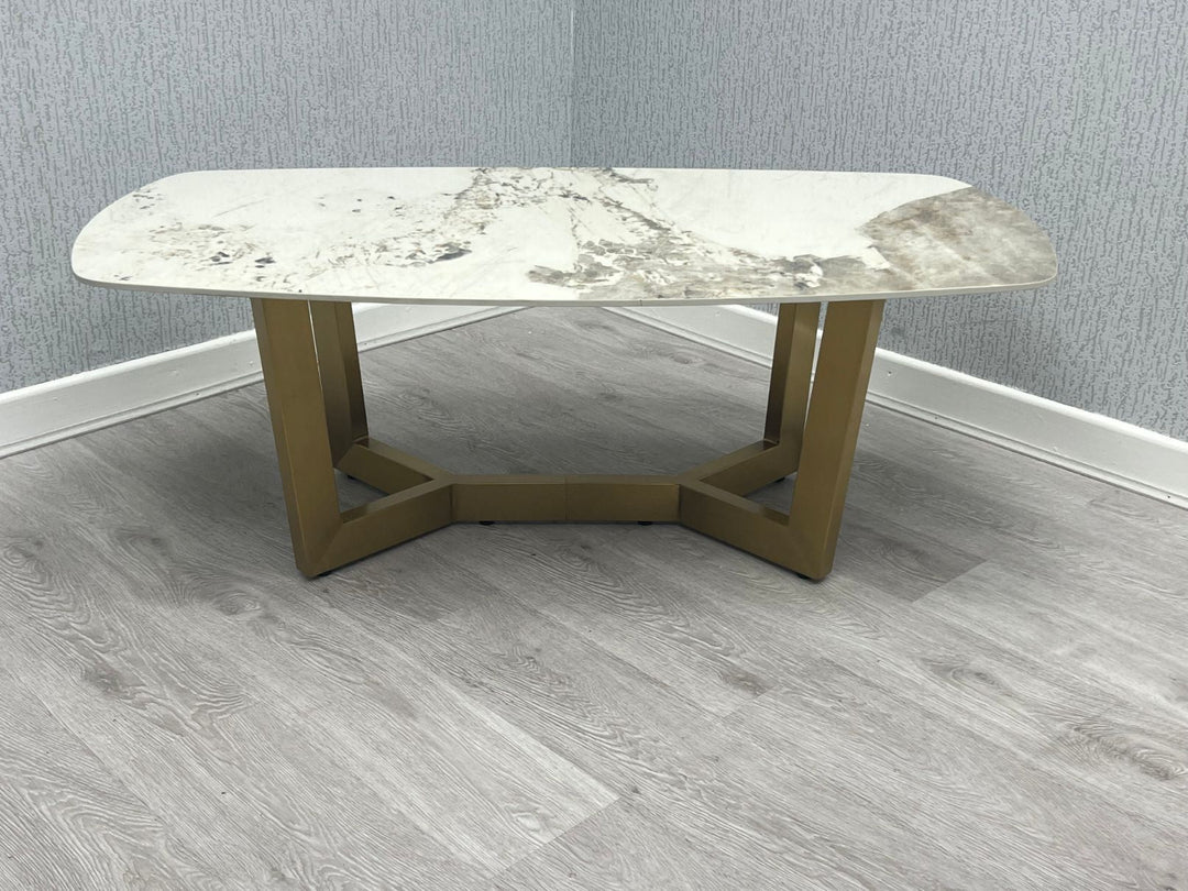 Lucien 180cm Gold Oval Dining Table with Pandora Gold Ceramic Marble Top + Cream/Gold  Ring Knocker Velvet Chairs