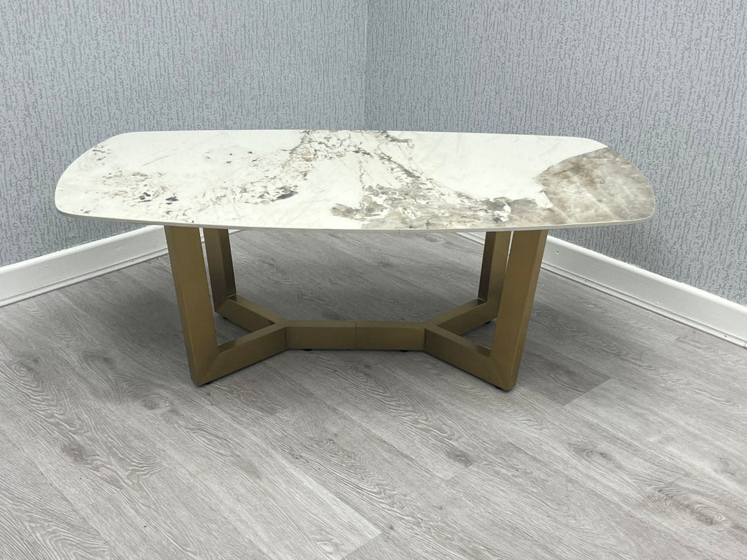 Lucien 180cm Gold Oval Dining Table with Pandora Gold Ceramic Marble Top + Cream/Gold  Ring Knocker Velvet Chairs
