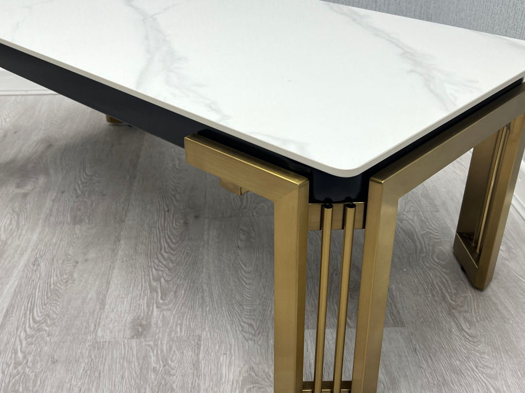 Sorrento 150cm Gold Dining Table with White Ceramic Marble Top + Cream/Gold  Ring Knocker Velvet Chairs