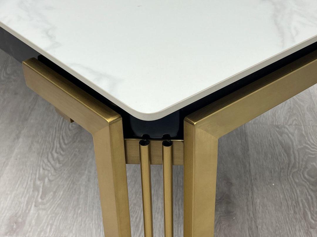 Sorrento 150cm Gold Dining Table with White Ceramic Marble Top + Cream/Gold Lion Knocker Velvet Chairs