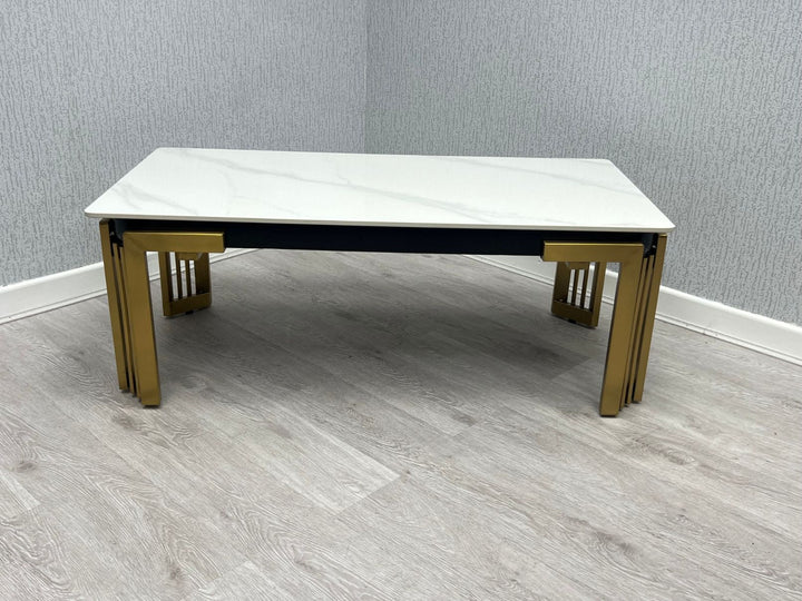 Sorrento 150cm Gold Dining Table with White Ceramic Marble Top + Cream/Gold Lion Knocker Velvet Chairs