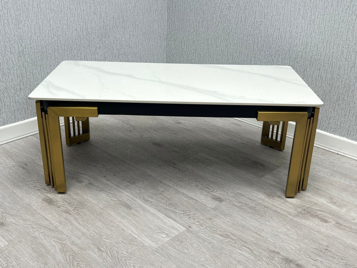 Sorrento 180cm Gold Dining Table with White Ceramic Marble Top + Cream/Gold  Ring Knocker Velvet Chairs