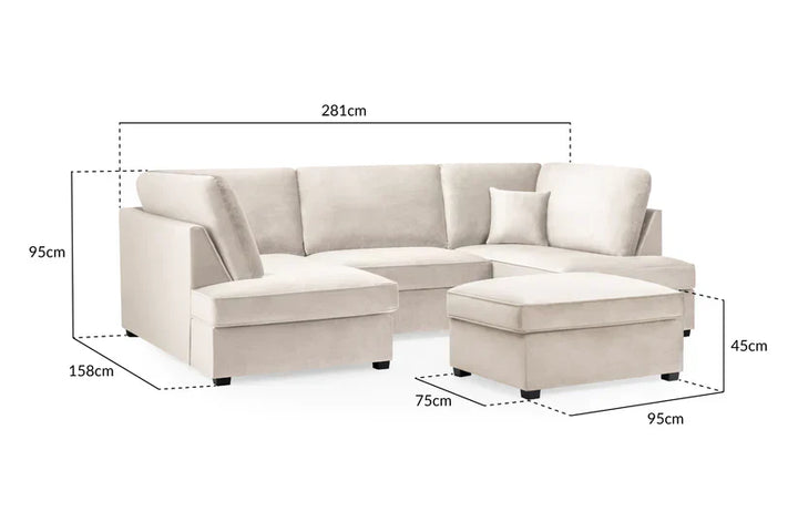 Carnaby Sofa Plush Beige Velvet U Shape Corner Sofa
