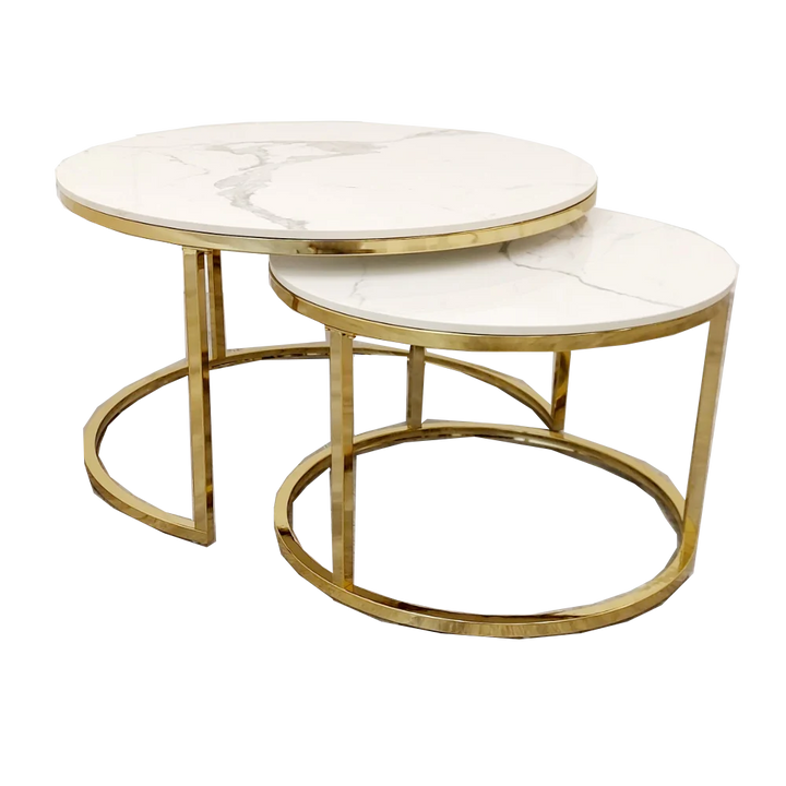 Cato Nest of 2 Short Round Coffee Gold Tables with Polar White Sintered Stone Tops-Esme Furnishings