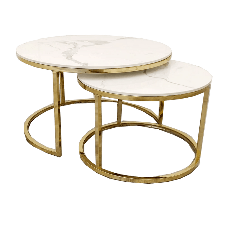 Cato Nest of 2 Round Coffee Gold Tables with Polar White Sintered Stone Tops-Esme Furnishings