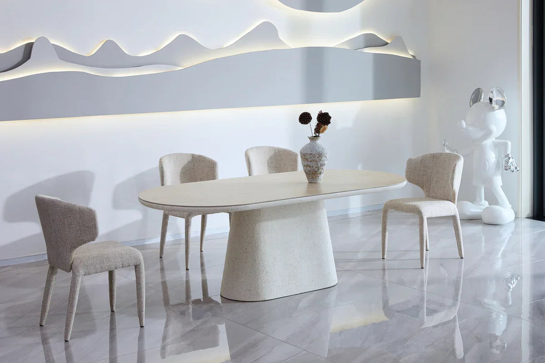 Celine 200cm Oval Ivory & Travertine Ceramic Marble Dining Table