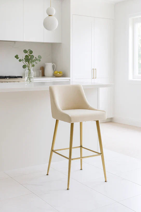 Milano Cream Ivory Ribbed Velvet Bar Stools Gold Legs