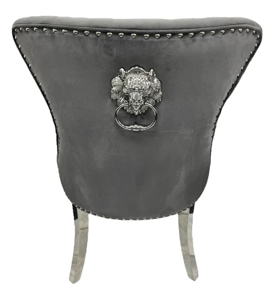 Louis 120cm Marble & Chrome Dining Table With Grey Lion Knocker Velvet Chairs & Bench
