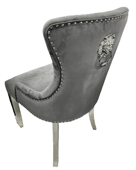 Louis 120cm Marble & Chrome Dining Table With Grey Lion Knocker Velvet Chairs & Bench