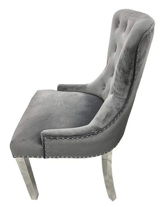 Chelsea Lion Knocker Plain Back Tufted Plush Velvet Dining Chair Chrome Legs - 3 Colours-Esme Furnishings