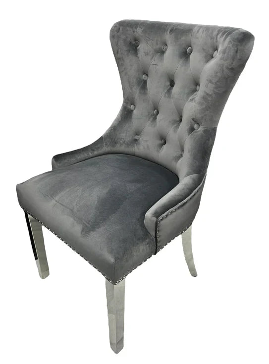 Louis 120cm Marble & Chrome Dining Table With Grey Lion Knocker Velvet Chairs & Bench
