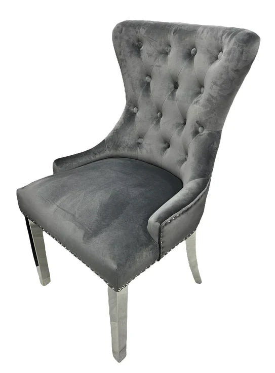 Chelsea Lion Knocker Plain Back Tufted Plush Velvet Dining Chair Chrome Legs - 3 Colours-Esme Furnishings