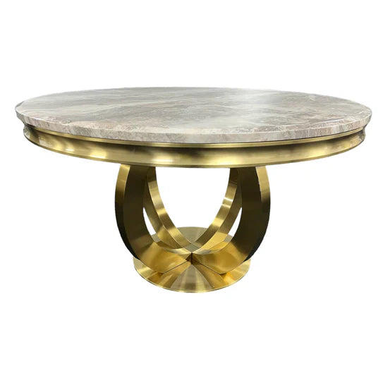 Chelsea Gold 130cm Marble Round Dining Table With Florence High Back Dining Chairs Gold Legs