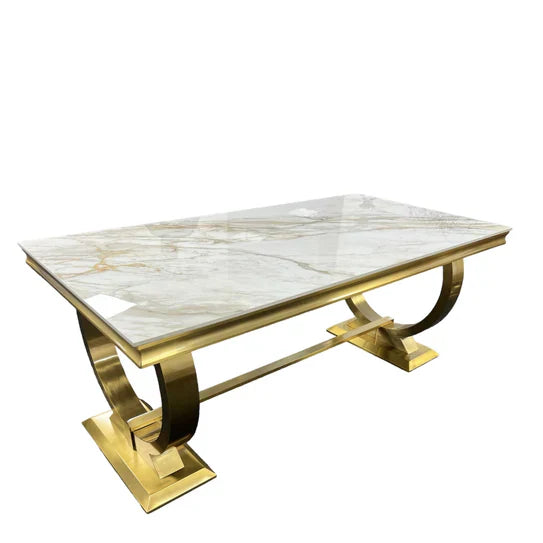 Arianna Marble & Gold Dining Table With Valente Gold Lion Knocker Velvet Chairs