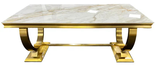 Arianna Marble & Gold Dining Table With Lucy Slim Quilted Gold Ring Knocker Velvet Chairs