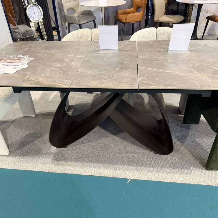 Carra 120-150cm Grey/Gold Ceramic Marble Extending Dining Table With Oscar Scroll Back Velvet Chairs