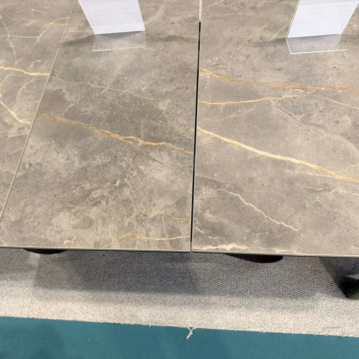 Carra 160-200cm Grey/Gold Ceramic Marble Extending Dining Table With Oscar Scroll Back Velvet Chairs