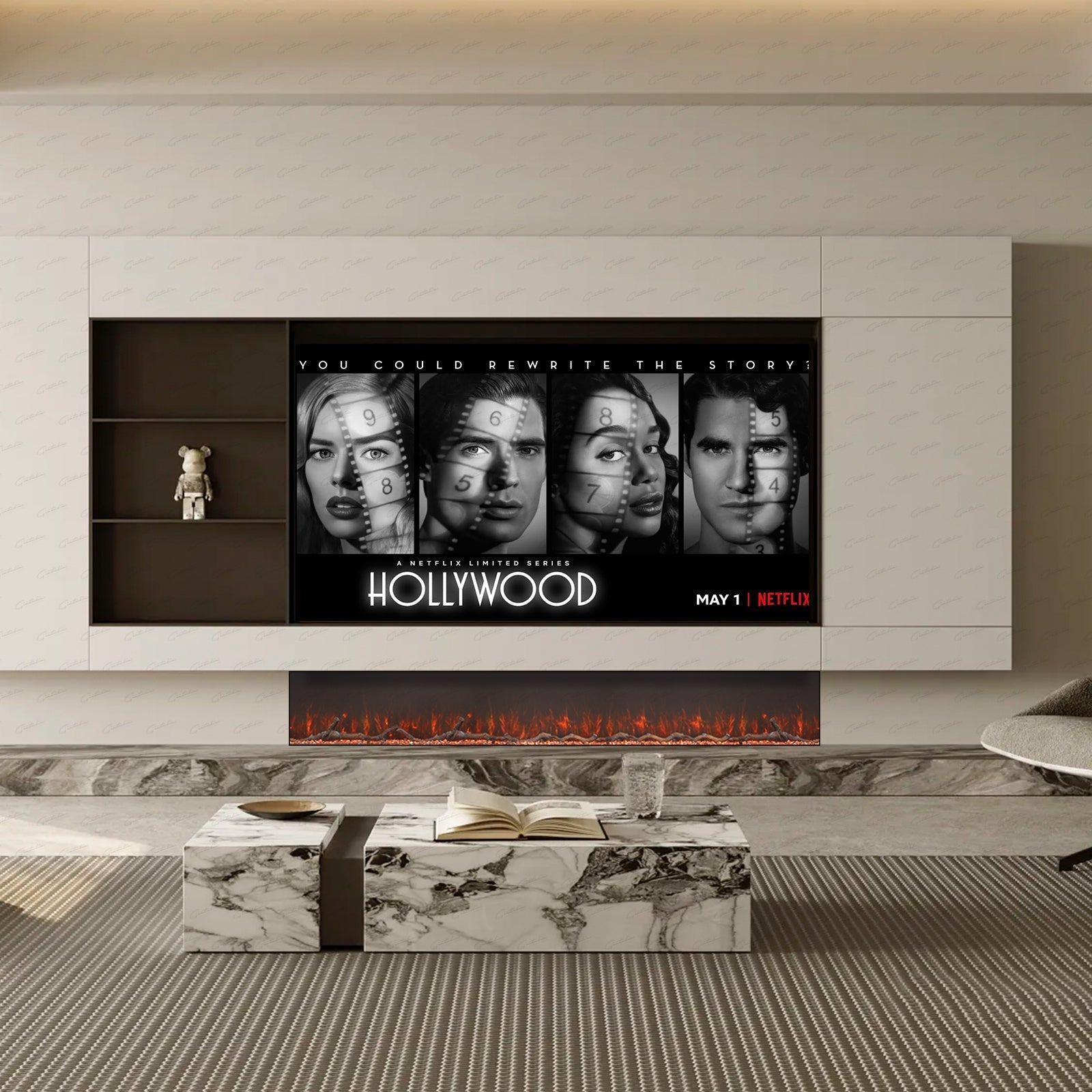 50 60 71 80 Inch HD+ Borderless Glass Black Electric Clarendon UHD Media 3D Flame LED Fire Glass