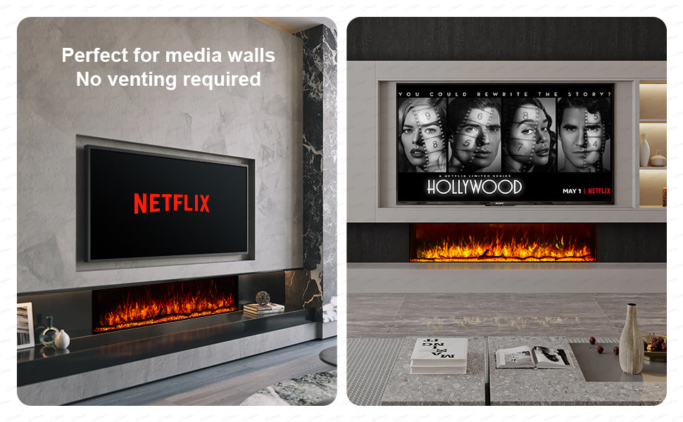 50 60 71 80 Inch HD+ Borderless Glass Black Electric Clarendon UHD Media 3D Flame LED Fire Glass