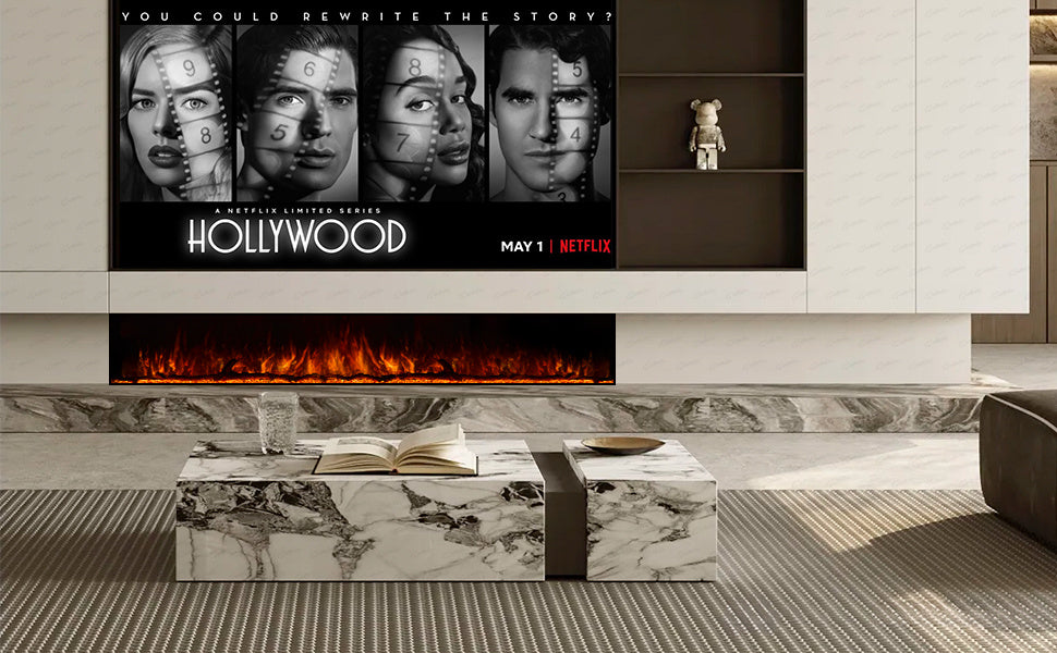 50 60 71 80 Inch HD+ Borderless Glass Black Electric Clarendon UHD Media 3D Flame LED Fire Glass