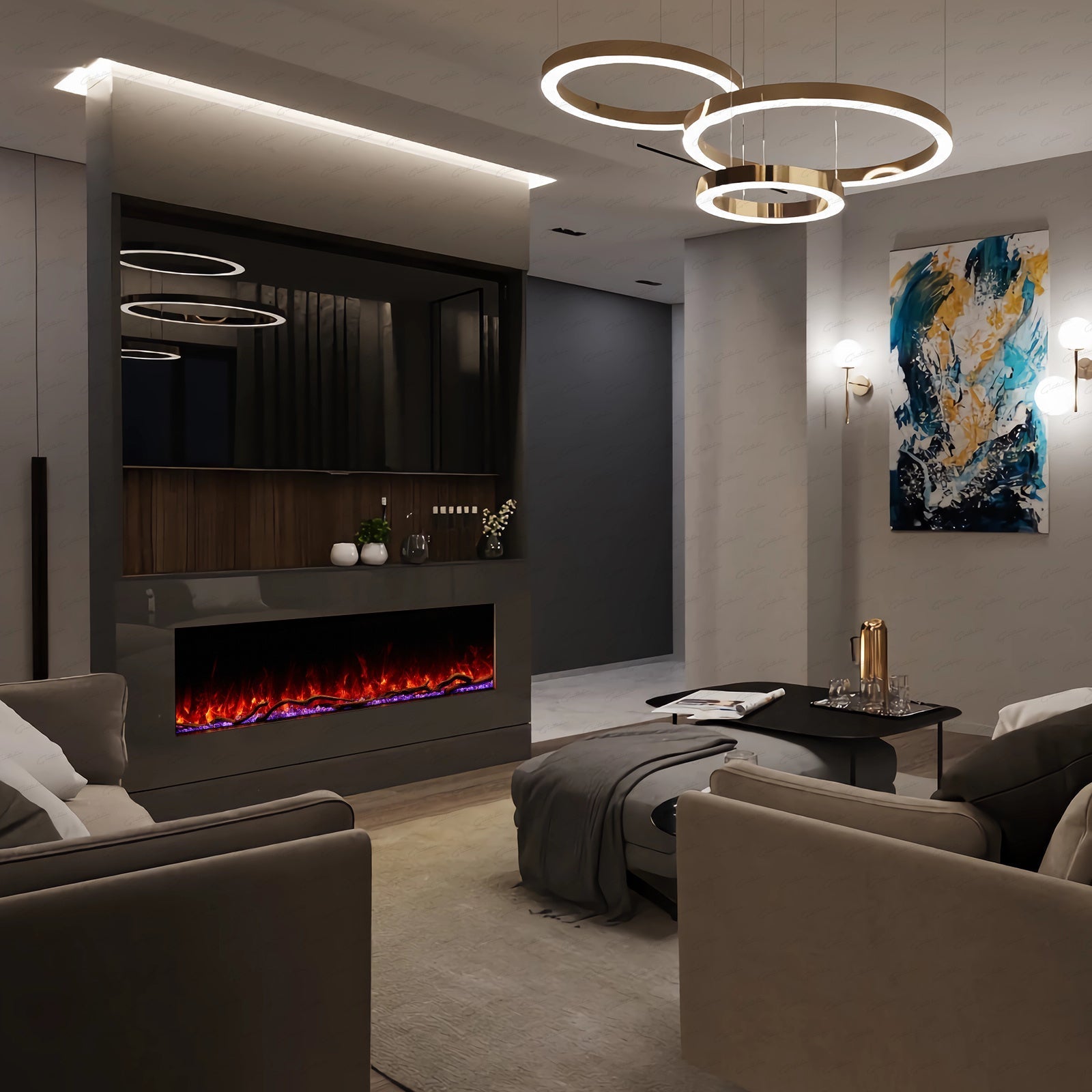 50 60 71 80 Inch HD+ Borderless Glass Black Electric Clarendon UHD Media 3D Flame LED Fire Glass