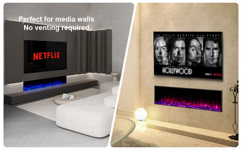 50 60 71 80 Inch HD+ Borderless Glass Black Electric Clarendon UHD Media 3D Flame LED Fire Glass