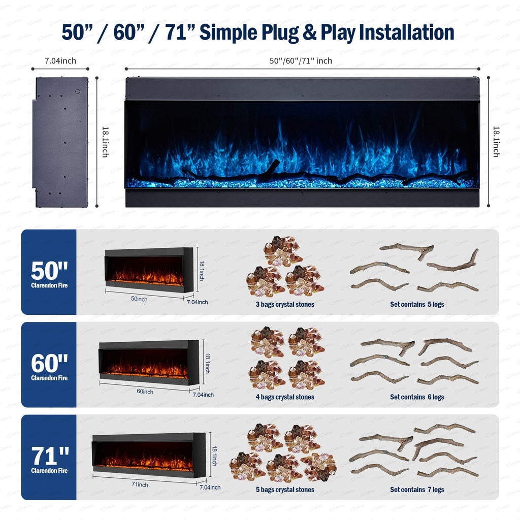 50 60 71 80 Inch HD+ Borderless Glass Black Electric Clarendon UHD Media 3D Flame LED Fire Glass