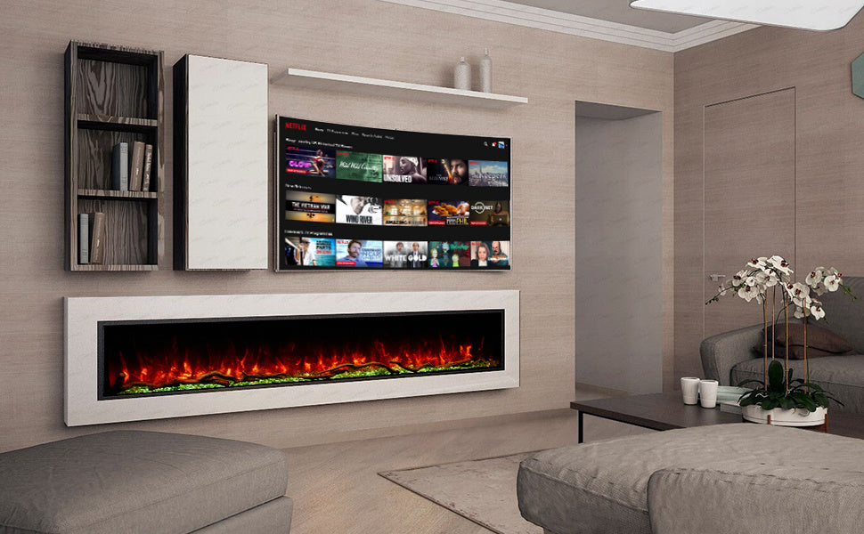 50 60 71 80 Inch HD+ Borderless Glass Black Electric Clarendon UHD Media 3D Flame LED Fire Glass