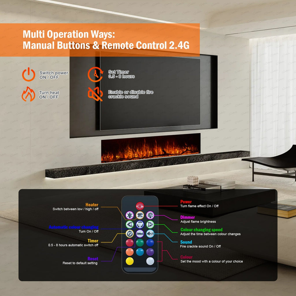 50 60 71 80 Inch HD+ Borderless Glass Black Electric Clarendon UHD Media 3D Flame LED Fire Glass