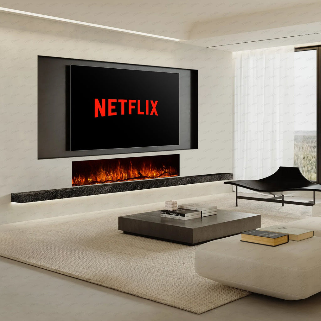 50 60 71 80 Inch HD+ Borderless Glass Black Electric Clarendon UHD Media 3D Flame LED Fire Glass