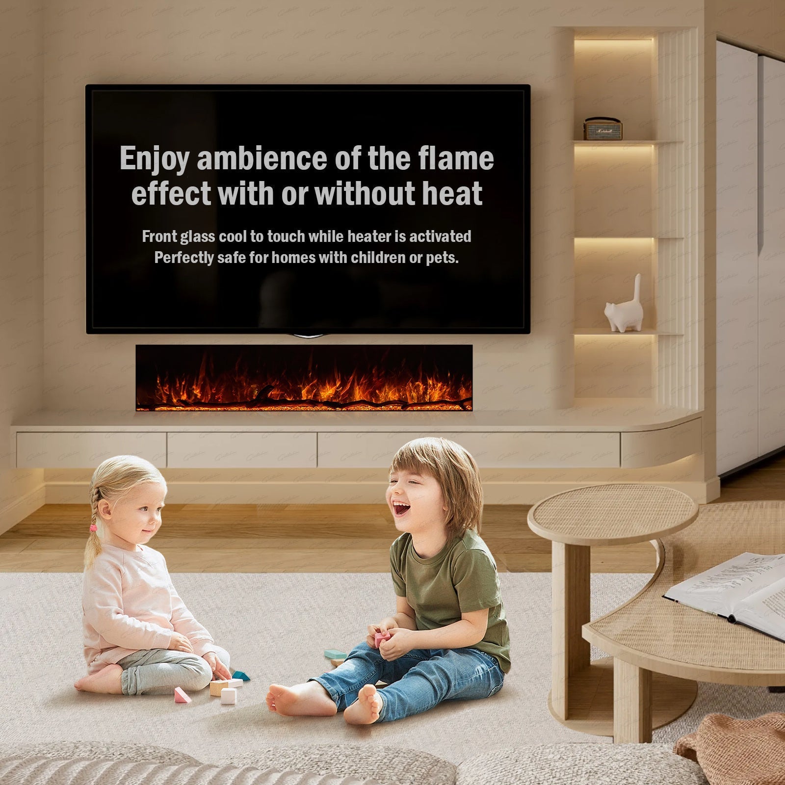 50 60 71 80 Inch HD+ Borderless Glass Black Electric Clarendon UHD Media 3D Flame LED Fire Glass