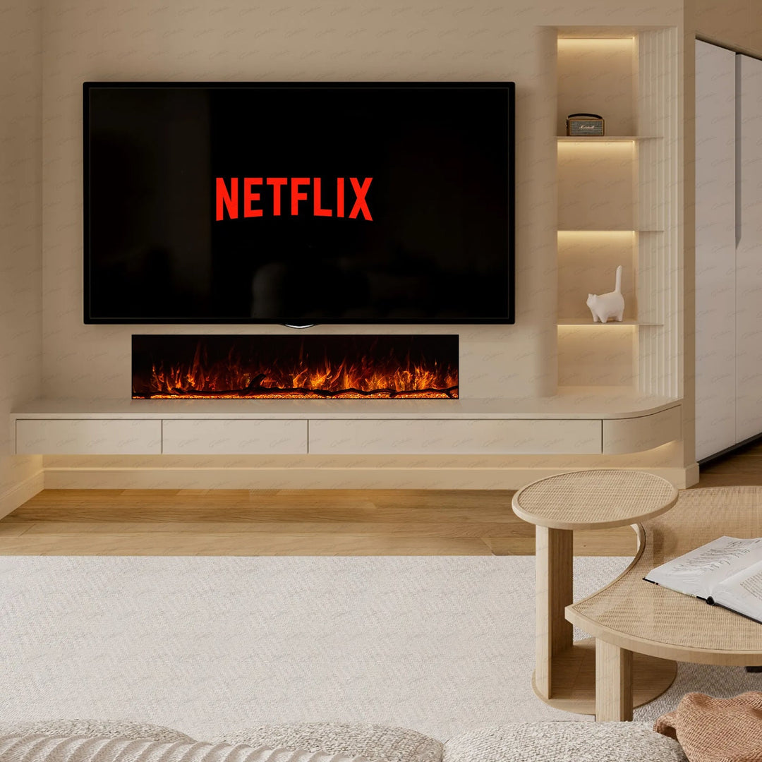 50 60 71 80 Inch HD+ Borderless Glass Black Electric Clarendon UHD Media 3D Flame LED Fire Glass