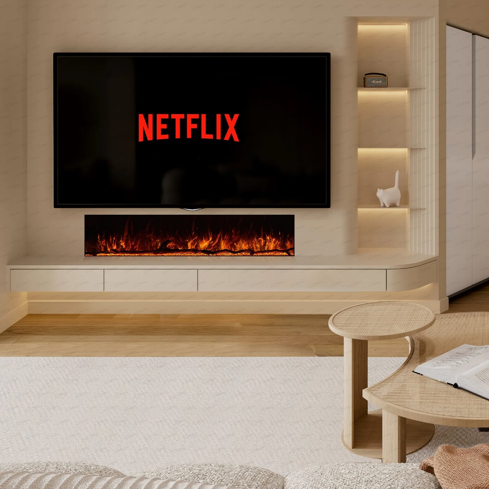 50 60 71 80 Inch HD+ Borderless Glass Black Electric Clarendon UHD Media 3D Flame LED Fire Glass