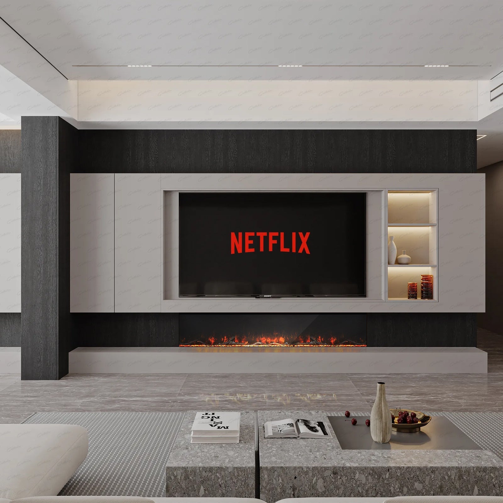 50 60 71 80 Inch HD+ Borderless Glass Black Electric Clarendon UHD Media 3D Flame LED Fire Glass