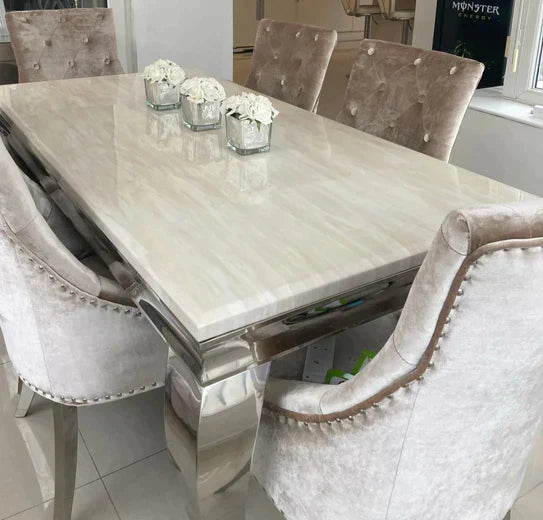 Louis Marble & Chrome Dining Table With Shimmer Chrome Ring Knocker Chairs