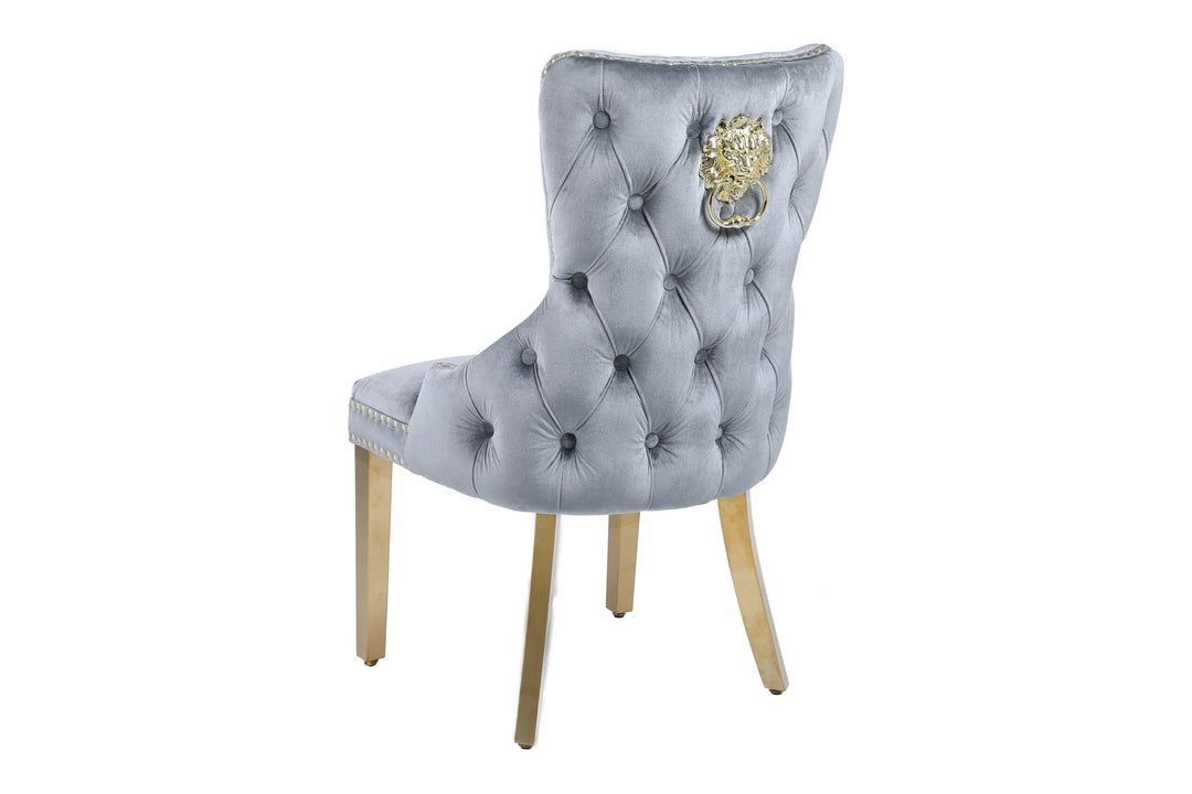 Louis 160cm Marble & Gold Dining Table With Victoria Gold Lion Knocker Velvet Chairs