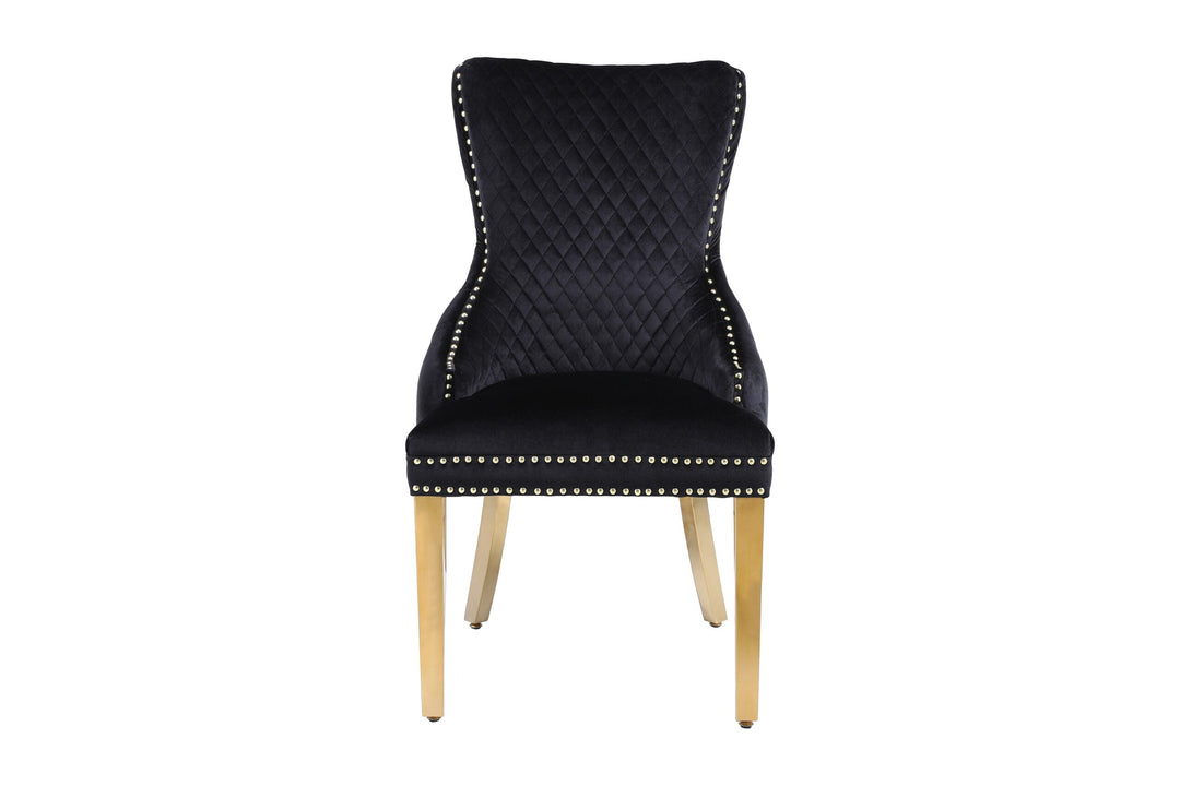 Arianna Marble & Gold Dining Table With Victoria Quilted Gold Lion Knocker Velvet Chairs