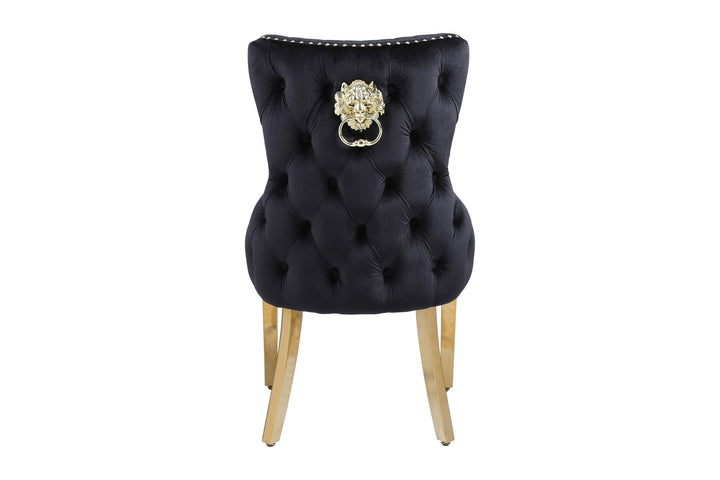 Louis Gold Pandora Gold Ceramic Marble Dining Table With Shimmer Gold Lion Knocker Dining Chairs