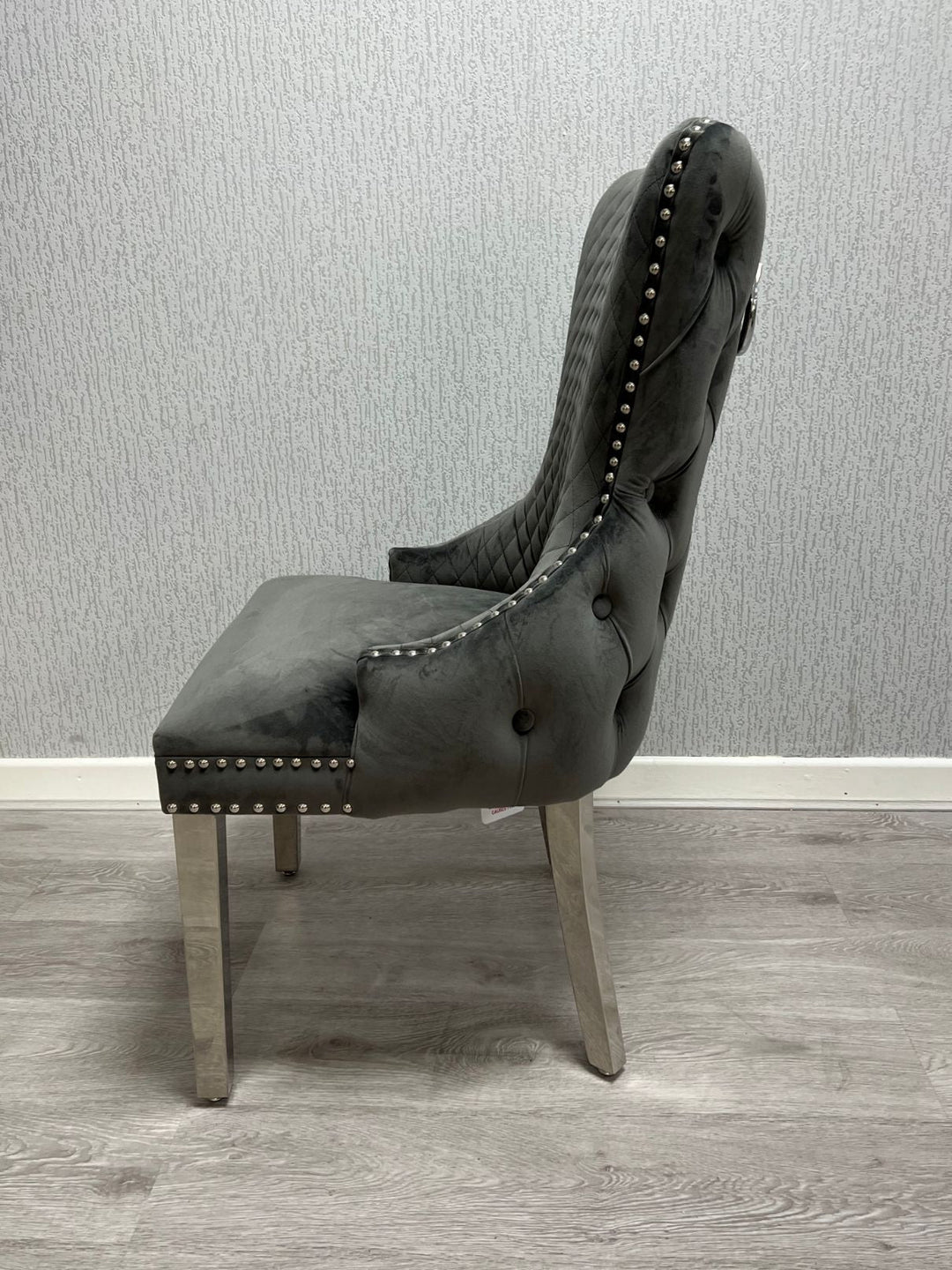 Arianna Marble & Chrome Dining Table With Victoria Grey Velvet Ring Knocker Chairs